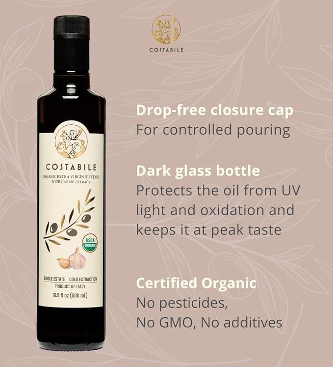 Garlic Infused Olive Oil Extra Virgin from Italy and from a Single Source. Garlic Oil for Cooking Dressings on Pizza Pasta Marinades - COSTABILE 16.9 Fl. Oz.
