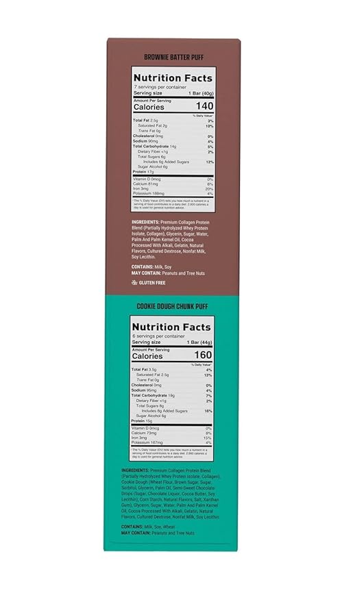 Puff Protein Bars7 Brownie Batter 6 Cookie Dough Chunk Flavor 17g Protein Gluten Free 19.2 oz 13 Variety Pack.