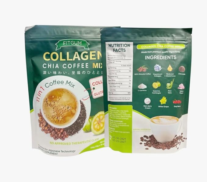 2 Packs FIT GUM Collagen Chia Coffee - 11 in 1 Coffee Mix (10 Sachets per Pack)