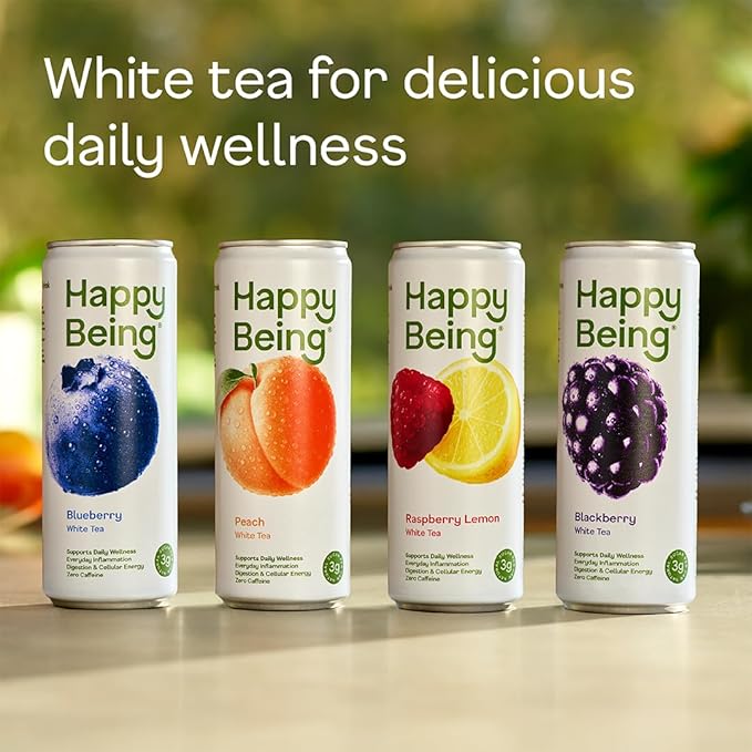 Happy Being White Tea Variety Pack – Blueberry Blackberry Peach Raspberry Lemon Antioxidant &amp Polyphenol Rich Infused with Turmeric Elderberry Caffeine Free Plant-Based Low Sugar &amp Lo