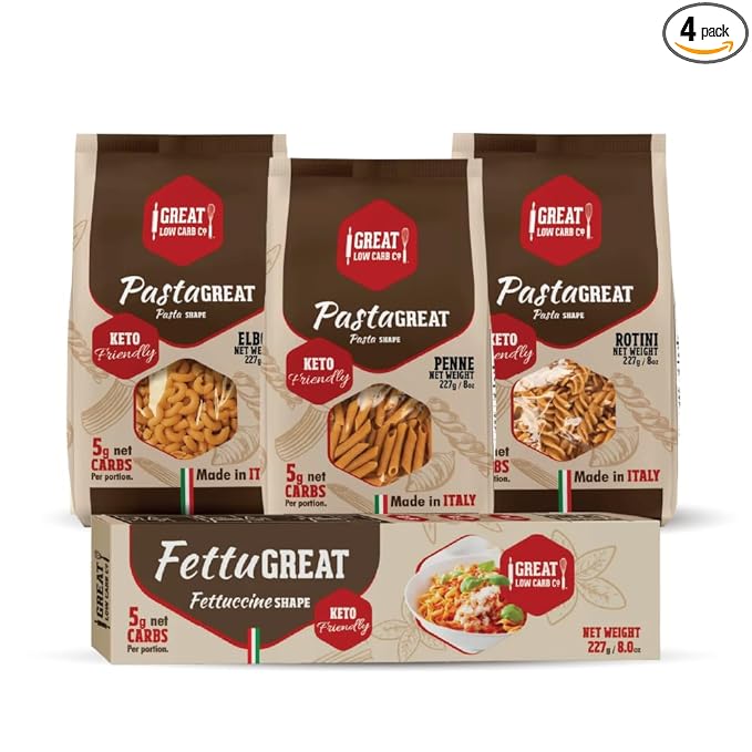 4 Pack Assortment Low Carb Pasta Fettuccine Rotini Penne and Elbows Great Low Carb Bread Company
