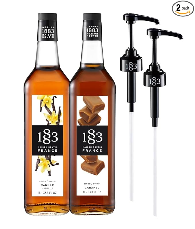 1883 Vanilla &amp Caramel Syrups with Pumps (Café Variety Pack) for Coffee &amp Drinks – 1 Liter Glass Bottles (Pack of 2)