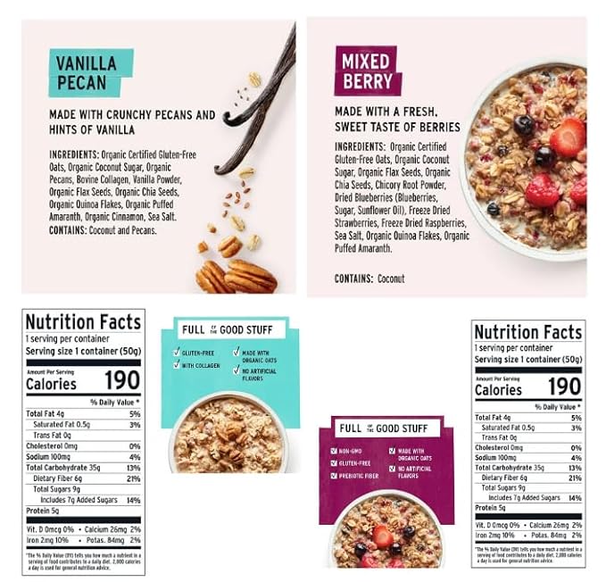 Purely Elizabeth Organic Oats Instant Oatmeal 1.76 oz Cup + King Combos QR Code Mixed pack with (Seasonal (Vanilla e Mixed Berries (3each))