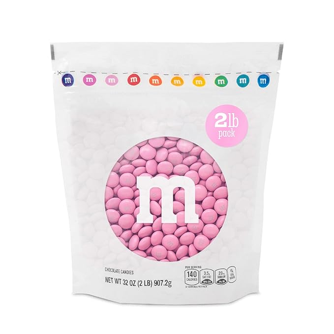 M&ampM’S WORLD Pink Milk Chocolate Candy 2lb Resealable Pack for Party Favors Decor Baby Shower Gender Reveal Valentines Day and Dessert Tables