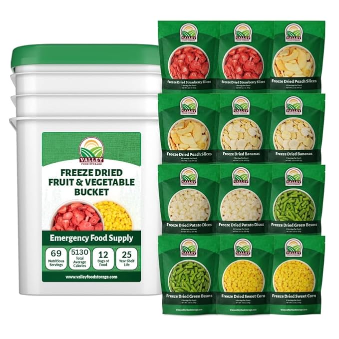 Valley Food Storage Freeze Dried Fruit &amp Vegetable Bucket | 12 Pouches Variety Pack | Non-GMO Premium Emergency Food Supply 25 Year Shelf Life | Prepper Food Supplies for Camping &amp Long-Term