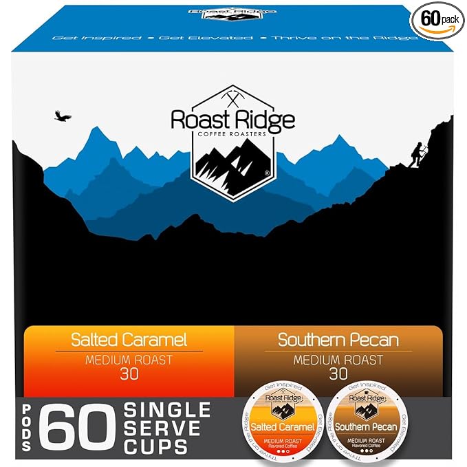 Roast Ridge Single Serve Coffee Pods for K-Cup Brewers Flavored Variety Pack Medium Roast 60 Count (30 each: Salted Caramel Southern Pecan)