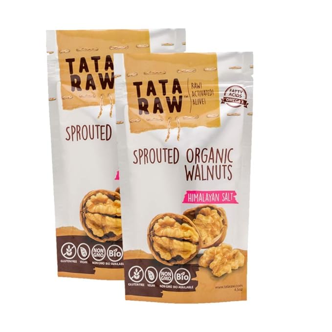 TATA RAW - Sprouted Organic Walnuts - Himalayan Salt (4.5 oz) - Pack of 2