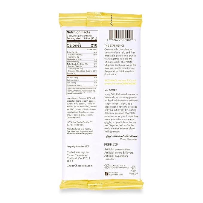Chuao Chocolatier Potato Chip Milk Chocolate Bars | Gourmet No Preservatives | For Gift Baskets Christmas Birthday Thank You Care Package | 12 Ct