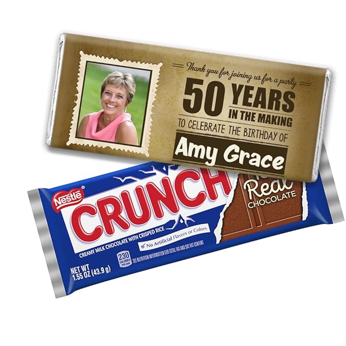 Milestone Party Favors For Adults Birthday Crunch Candy Bars Prewrapped Personalized labels with Photo (36 Pack) - All Ages