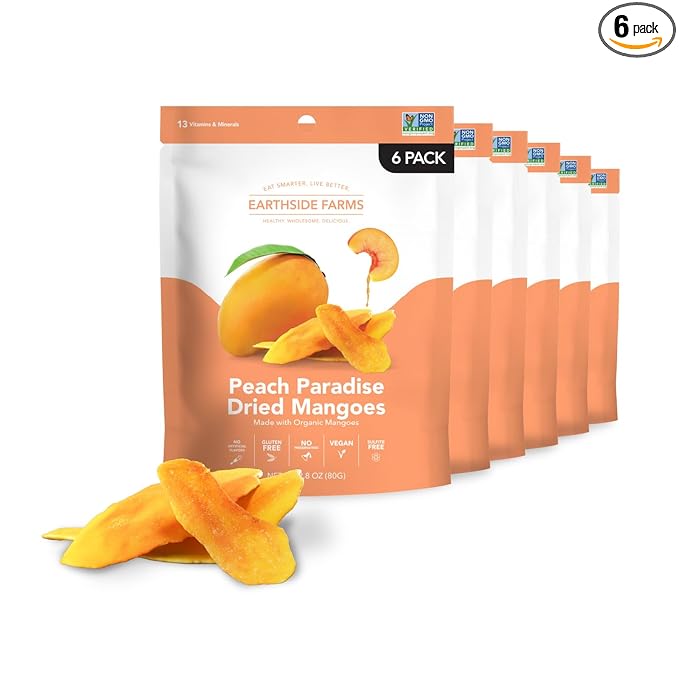 Earthside Farms Peach Paradise Dried Organic Mangoes 2.8oz 6 Pack – No Sugar Added Gluten-Free Vegan Snack – Naturally Sweet Dried Fruit – Perfect Healthy On-the-Go Snack for Work School Travel