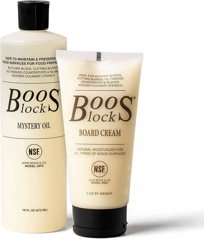 John Boos 2-Piece All-Natural Care &amp Maintenance Set – 16 oz Mystery Oil &amp 5 oz Board Cream for Butcher Blocks Cutting Boards Wood Countertops and Wooden Utensils