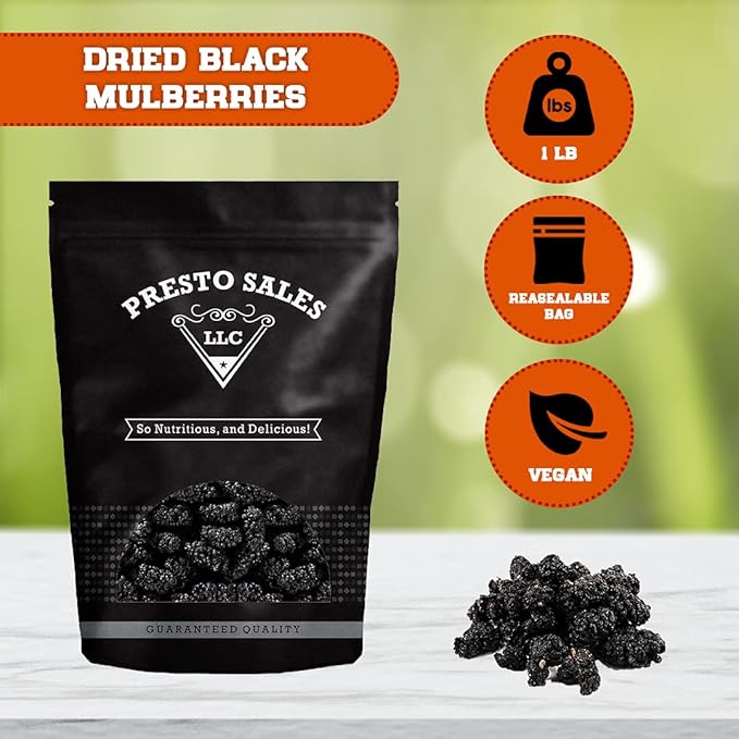 Mulberries FRESH Dried Black - No sugar added Delicious Quality Vegan User Friendly Snack Healthy Ingredient Luscious Packed in a resealable 1 lb. (16 oz.) pouch bag by Presto Sales LLC