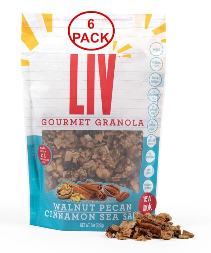 Liv Gourmet Cinnamon Sea Salt Granola - 8oz (Pack of 6) | Healthy Nutrient-Dense Snack Breakfast Cereal | 1:1 Nut-to-Oat Ratio | Non-GMO Low Sugar Vegan | Organic Oats No Artificial Ingredients