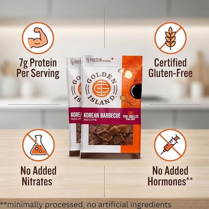 Golden Island Pork Jerky Korean BBQ Flavored Specialty Meat Snack Gluten Free with Korean Barbecue Seasoning Bite Sized Sweet and Savory Protein Snack 7g of Protein Per Serving 9 Oz (2 Pack)