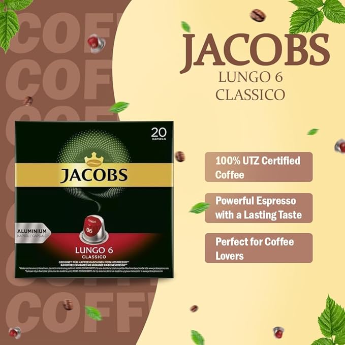 Jacobs Lungo 6 Classico 10x20 CAPSULES Coffee Capsules Compatible with (052 USD/CAP)
