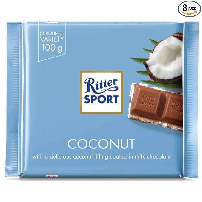 Ritter Sport Milk Chocolate with Coconut Filling 100g/3.52oz (Pack of 8)