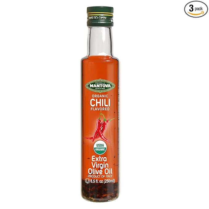 Mantova Chili Organic Extra Virgin Olive Oil 8.5-Ounce Bottles (Pack of 3) Organic chili natural flavor
