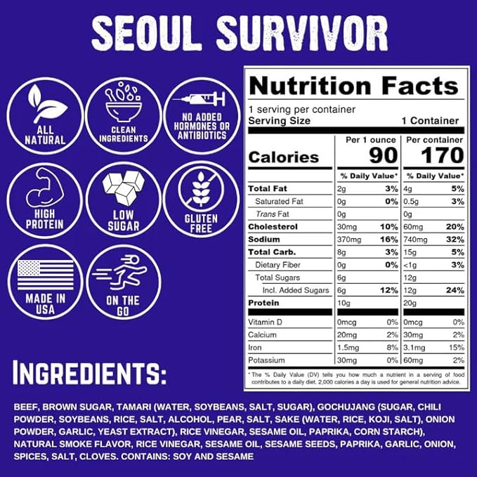 Righteous Felon Beef Jerky - Seoul Survivor Jerky - Gluten-Free Snacks - All-Natural Locally Sourced &amp Dried Beef - Low-Sugar High-Protein Healthy Snacks - 2 Ounces Each Pack of 3