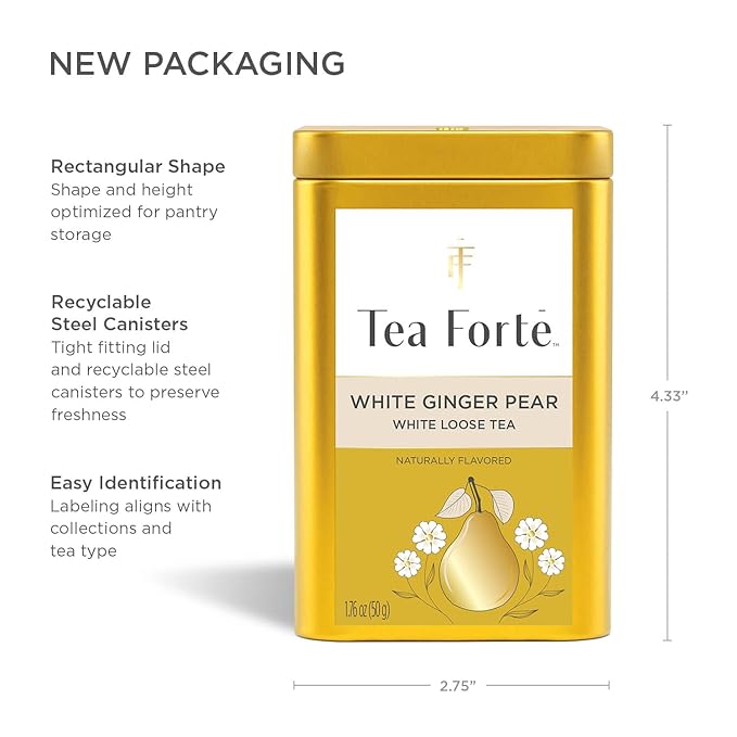Tea Forte White Ginger Pear Premium Loose Leaf Caffeinated White Tea Blend Canister Makes 35-50 Cups
