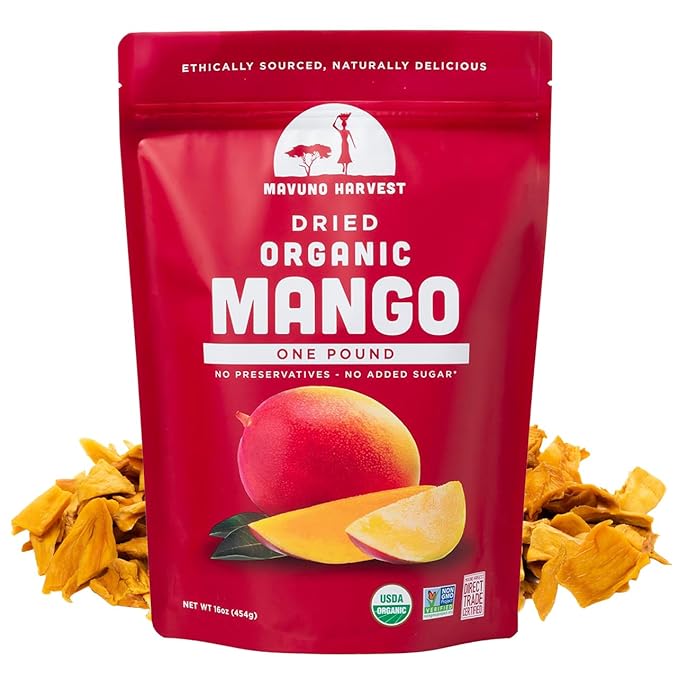 Mavuno Harvest Mango Dried Fruit Snacks | Unsweetened Organic Dried Mango Slices | Gluten Free Healthy Snacks for Kids and Adults | Vegan Non GMO Direct Trade | 1 Pound Resealable Bag