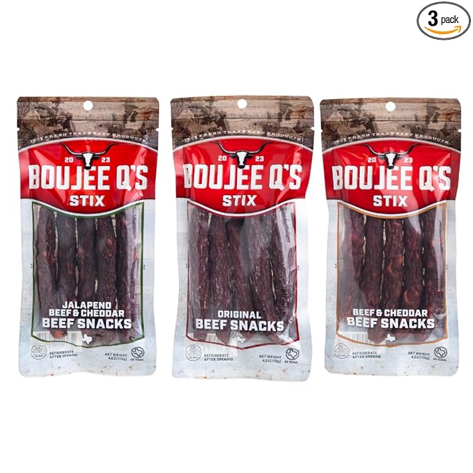 Boujee Q’s Beef Stix - 100% Soft Beef Snack Sticks w - Smoked Jerky-Style Protein Snack - Gluten-Free Low Carb No Sugar Keto Friendly - Made in USA - 3 Pack Original Cheddar and Jalapeno Cheddar