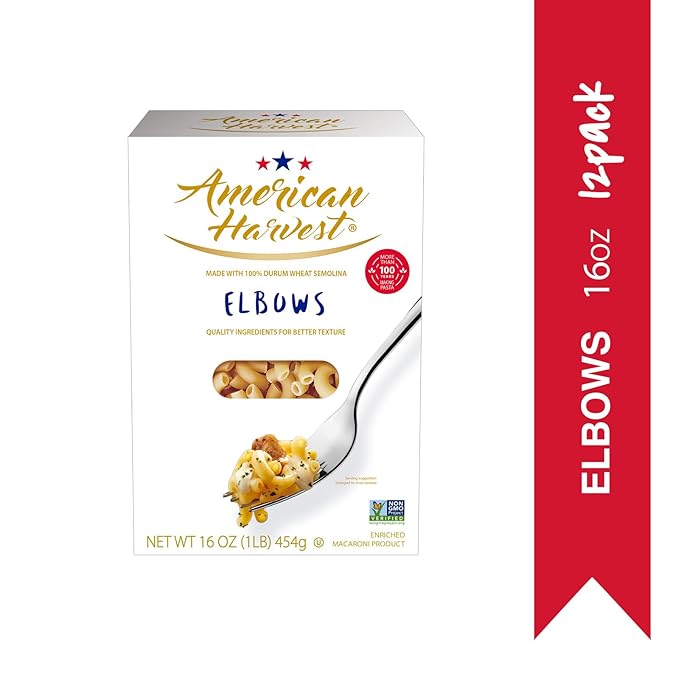 AMERICAN HARVEST Elbow Pasta Enriched Durum Wheat 16 oz (12 Pack) | Made in America Non-GMO Fast-Cook Pantry Staple | 100 Years of Pasta-Making Expertise