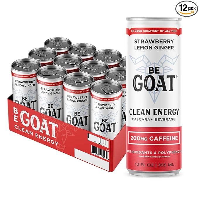 BeGOAT Clean Energy | Strawberry Lemon Ginger | 6 Ingredients Plant-Based Non-GMO Vegan | 200mg Natural Caffeine | 12 fl oz Cans (Pack of 12)