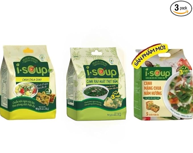 Set 3 canh I-Soup Vietnamese Instant Soup Mix Variety Pack Canh Ngot Thit Bam Canh Chua chay Bamboo Mushroom 3 Flavors