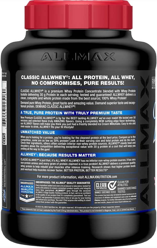 ALLMAX Classic AllWhey Whey Protein Powder Strawberry 5 lbs – 30g Protein per Scoop Gluten Free Low Sugar High Protein Supports Muscle Recovery Lean Muscle &amp Post Workout for Men &amp Wom