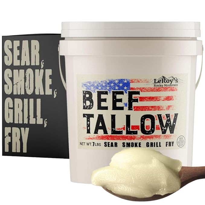 LeRoy’s Rocky Mountain Beef Tallow – 7 lbs Bucket – 100% Pure Rendered Beef Fat for Cooking Frying &amp Grilling – High Smoke Point – Keto Paleo &amp Carnivore Diet Friendly – No Additives USA Ma