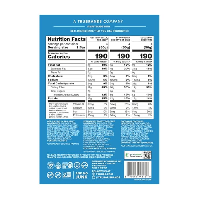 TRUBAR Vegan Protein Bars Feelin' Fruity Variety Pack PB &amp Jelly Strawberry Shortcake &amp Chocolate Coconut Gluten Free Plant Based High Fiber Dairy Free On the Go Healthy Snacks 12 Cou