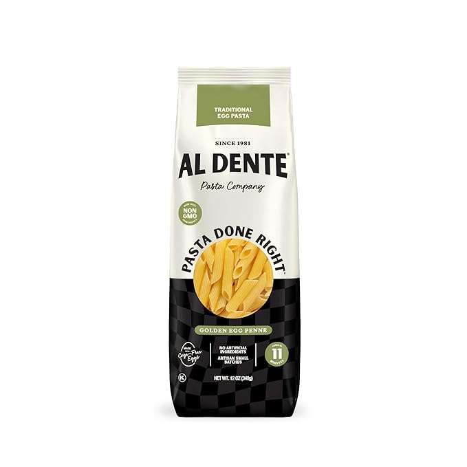 Al Dente Golden Egg Penne – All-Natural Hand-Crafted Egg Pasta. Traditional Pasta Noodles Made with Cage-Free Eggs and Semolina. Great for Pastas Soups Stews. 12oz Bags (Pack of 8)