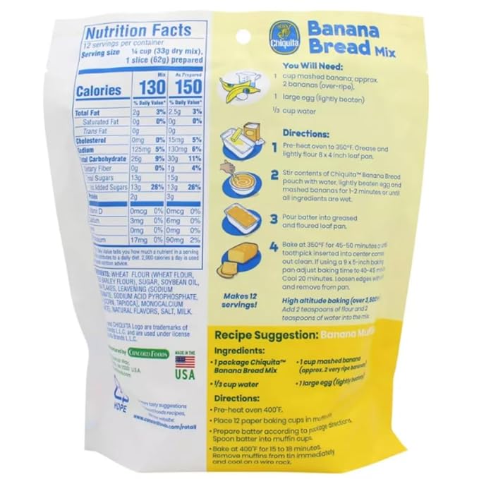 Chiquita! Banana Bread Mix Easy-to-Make Baking Mix (Just Add Bananas Water &amp Egg) No Artificial Flavors or Preservatives 13.7 oz (390g) Each 2-Pack (Total 27.4 oz)