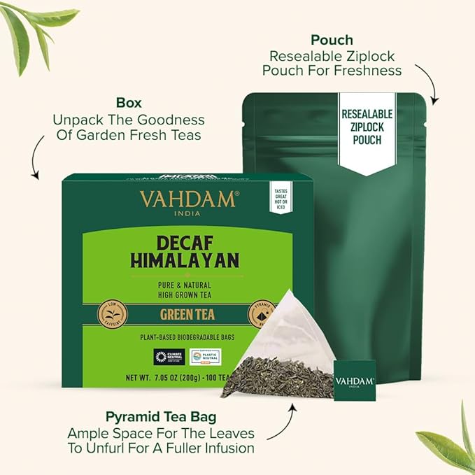 VAHDAM Decaf Himalayan Green Tea Bags (100 Pyramid Tea Bags) Caffeine Free Gluten Free | High Grown Decaf Green Tea | Resealable Ziplock Pouch | Pyramid Tea Bags