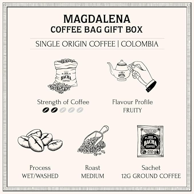 Bacha Coffee | Magdalena Colombia Single Origin Medium Roast 100% Arabica Specialty Coffee 12 Coffee Drip Bags Gift Box