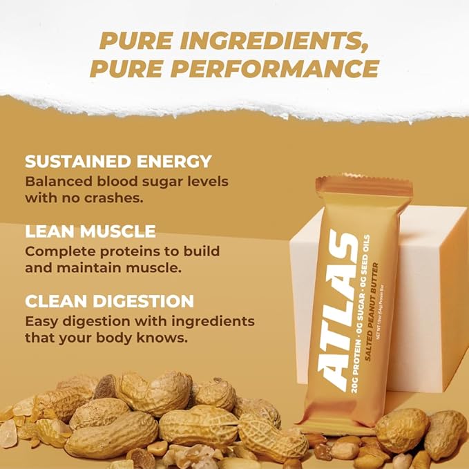 Atlas Real Food Protein Bar – 20g Clean Protein 0g Sugar No Seed Oils No Artificial Sweeteners (Salted Peanut Butter 12 Count)