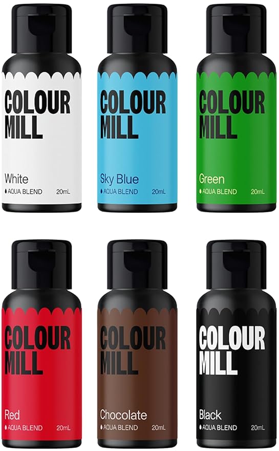 Colour Mill Aqua Blend Water-Based Food Coloring 20 Milliliter Holiday Pack Each of 6 Colors: White Sky Blue Green Black Chocolate and Red Holiday Pack 120.0 milliliters 4.06 Fl Oz