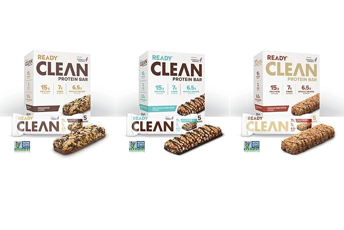 Ready Clean Protein Bars Variety pack Chocolate Peanut Butter Chocolate Chip Dark Chocolate Coconut Almond 5 servings per case total 3 cases/15 individual servings.