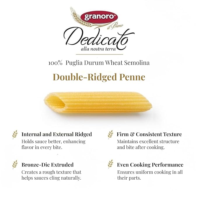 Granoro Dedicato Penne BIrigate (Double Ridged) #259 - Authentic Italian Pasta Made from 100% Puglia Durum Wheat Semolina Bronze Die Non-GMO Vegan 1 lb Bags (Pack of 3)