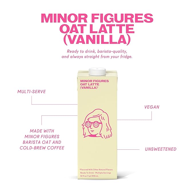 Minor Figures - Oat Latte - Vanilla - Ready to Drink - Multi-serve - Non-GMO - Plant-Based - Vegan - Dairy-Free - Shelf Stable - Coffee - Barista Standard - Unsweetened - 32oz - 6 Pack
