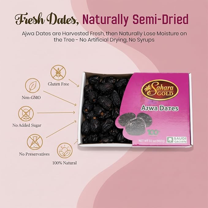 Sahara Gold Ajwa Dates - Authentic Saudi Grown from Al- Madinah - NON-GMO &amp Gluten Free Fiber Rich Healthy Snacks - Naturally Mildly Sweet - Bulk Pack Non-Pitted Dates - For Ramadan &amp Snacking