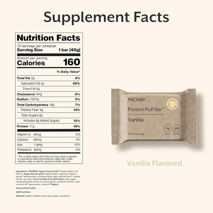 ProMix Nutrition Protein Plant Based Puff Bars - French Vanilla - Marshmallow Crispy Treat - High Protein &amp Low Calorie - 12 Bars