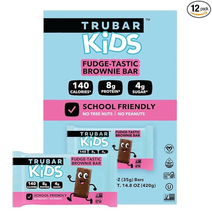TRUBAR Kids Protein Bars Fudge-Tastic Brownie Plant Based Protein Gluten Free School-Friendly Snacks for Lunchboxes Tree Nut and Peanut Free Low Sugar Healthy On the Go Snack Bars 12 Count