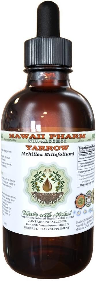 Hawaii Pharm Yarrow Alcohol-Free Liquid Extract Professional Grade Small Batch Crafted Yarrow (Achillea millefolium) Dried Herb Glycerite Natural Herbal Supplement 4 fl.oz