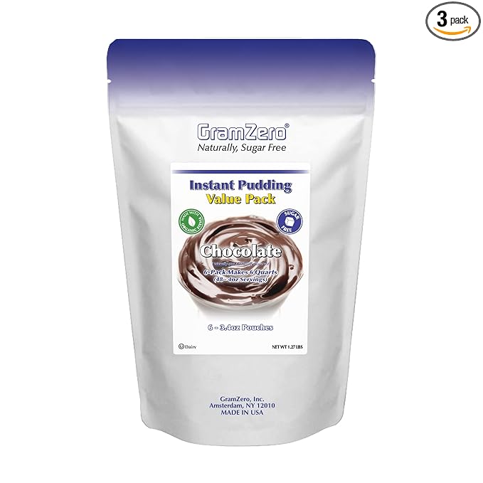 GramZero Chocolate Sugar Free Pudding Mix 6-Pack Great For Nutrition Club Meal Replacement Shakes Low Calorie Dessert Stevia Sweetened