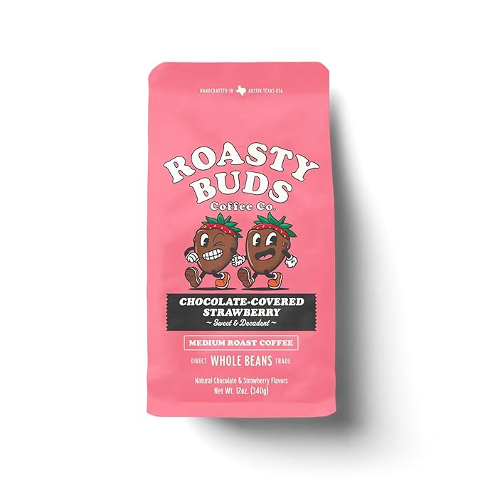 Roasty Buds Chocolate Strawberry Whole Bean Coffee – 12oz Bag | Medium Roast | 100% Arabica Beans | Dessert-Inspired Gluten-Free Non-GMO No Sugar or Dairy | Fresh-Roasted Flavored Coffee