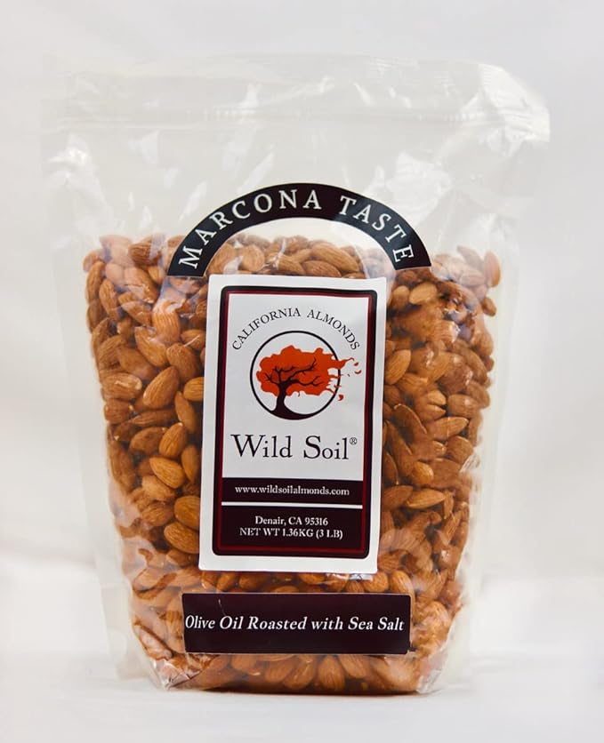 Wild Soil Terra Preta Almonds - Higher Protein and Higher Vitamin E Than Other Almonds Marcona Like Taste Olive Oil Roasted with Sea Salt Beyond Organic: Eco Farmed with Proprietary Root Technology