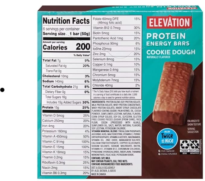 Elevation High Protein Snack Cookie Dough Protein Energy Bar Energy Boost with Micronutrients - 10.58 oz x 2 boxes