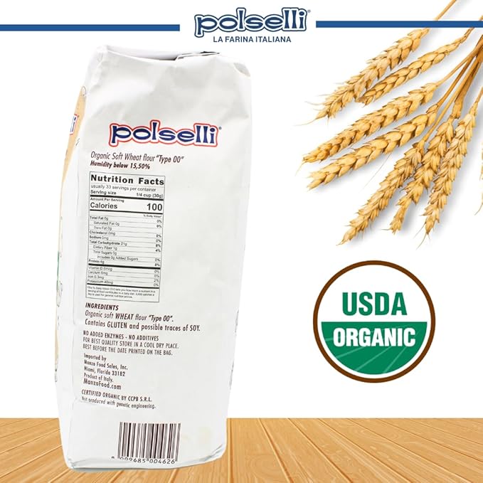 POLSELLI Organic Flour Type 00 100% Italian Grain Double Zero Flour OO Extra Fine 5 kg 11 lbs BIO Neapolitan Italian Pizza Bread Pasta All Natural Unbleached All-Purpose Unbromated No A