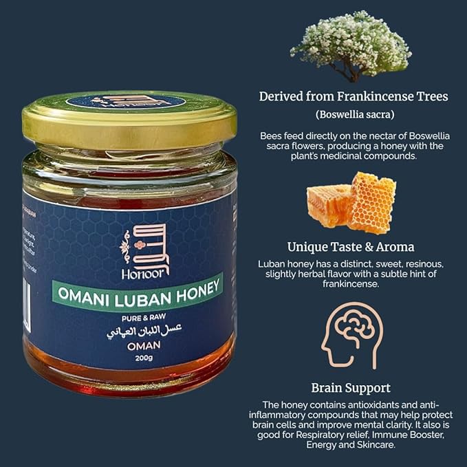 Honoor Omani Luban Honey 200g – Rare A+ Grade Pure &amp Raw Frankincense Blossom Honey Premium Natural from Oman Limited Harvest Authentic &amp Rare